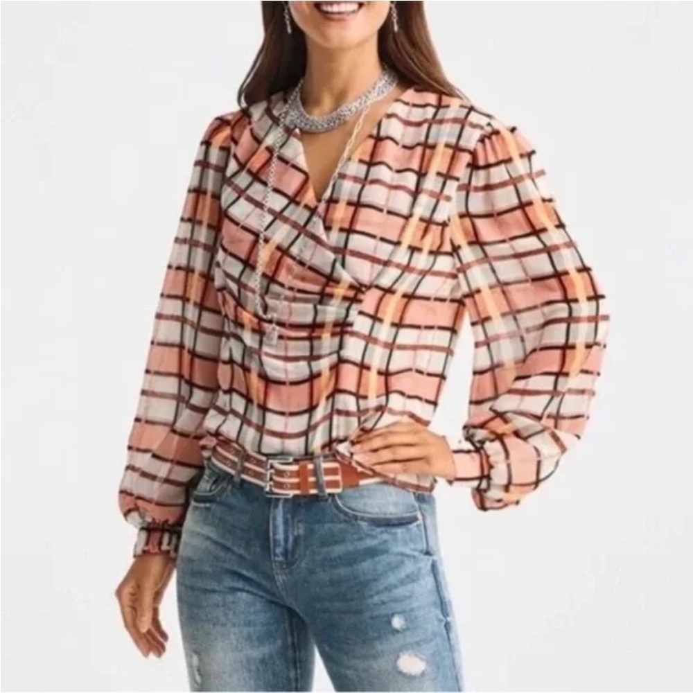 Cabi Whist Blouse Painted Plaid Design Faux Wrap Women’s Medium